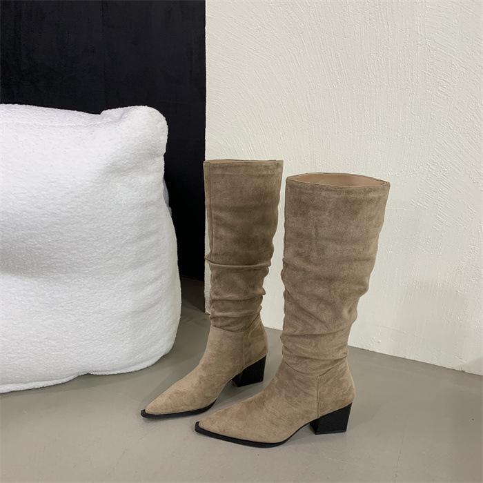 2025 Autumn and Winter New European and American Fashion Pointed Thick Heel Pleated Piled Boots Autumn and Winter Velvet High Boots Knight Boots