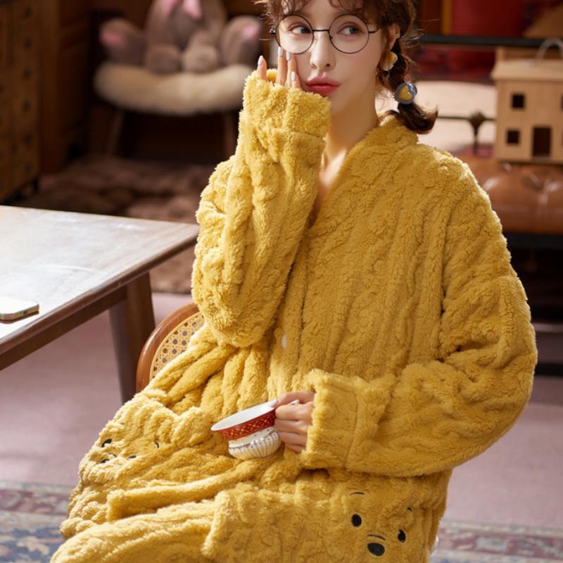 Фланелевая пижама с медведем и карманами для женщин с принтом, корейская милая повседневная свободная одежда для девочек Kawaii, осенне-зимняя теплая одежда для сна, шикарная тенденция