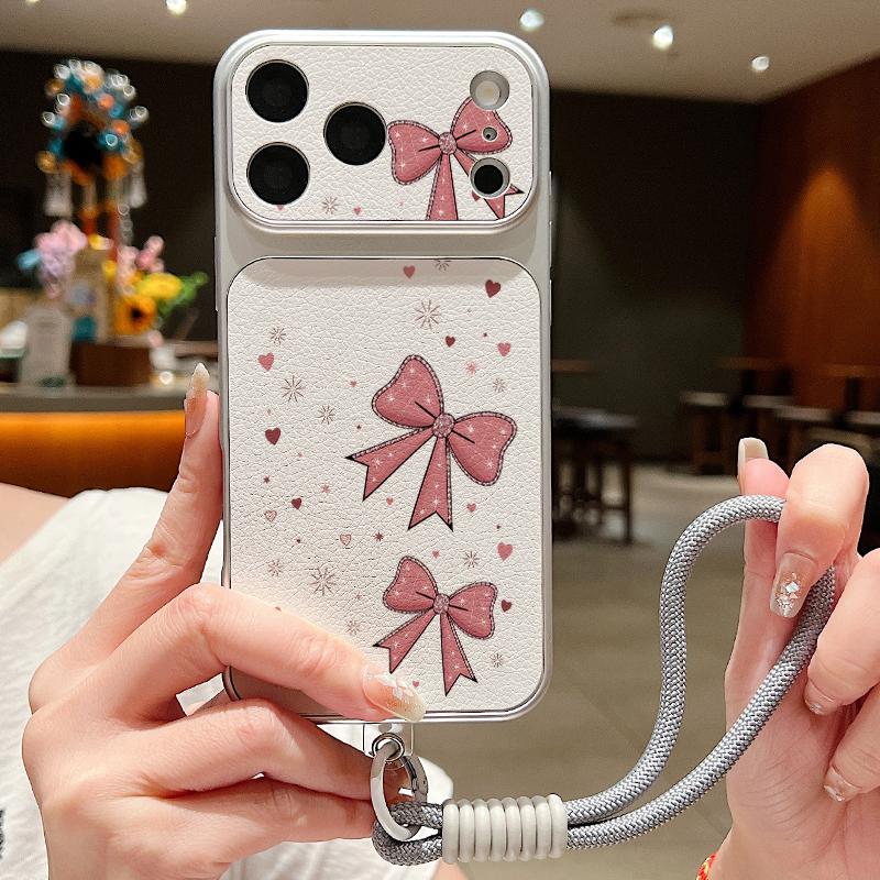 Кожаный чехол-шнурок с принтом розовых бантиков для iPhone 18 Pro Max Гибридный ТПУ+ПУ Противоскользящая мягкая крышка для iPhone 17 16 15 14 13 Pro Max