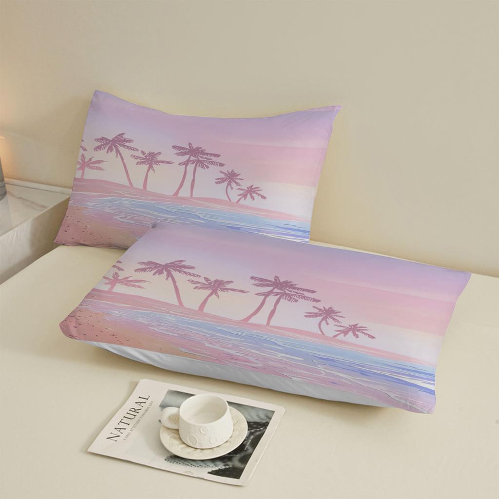 Pink Fitted Sheet Set Landscape Seaside Coconut Tree 3D Print 100% Polyester Mattress Covers Soft Bedding Set With 2 Pillowcases
