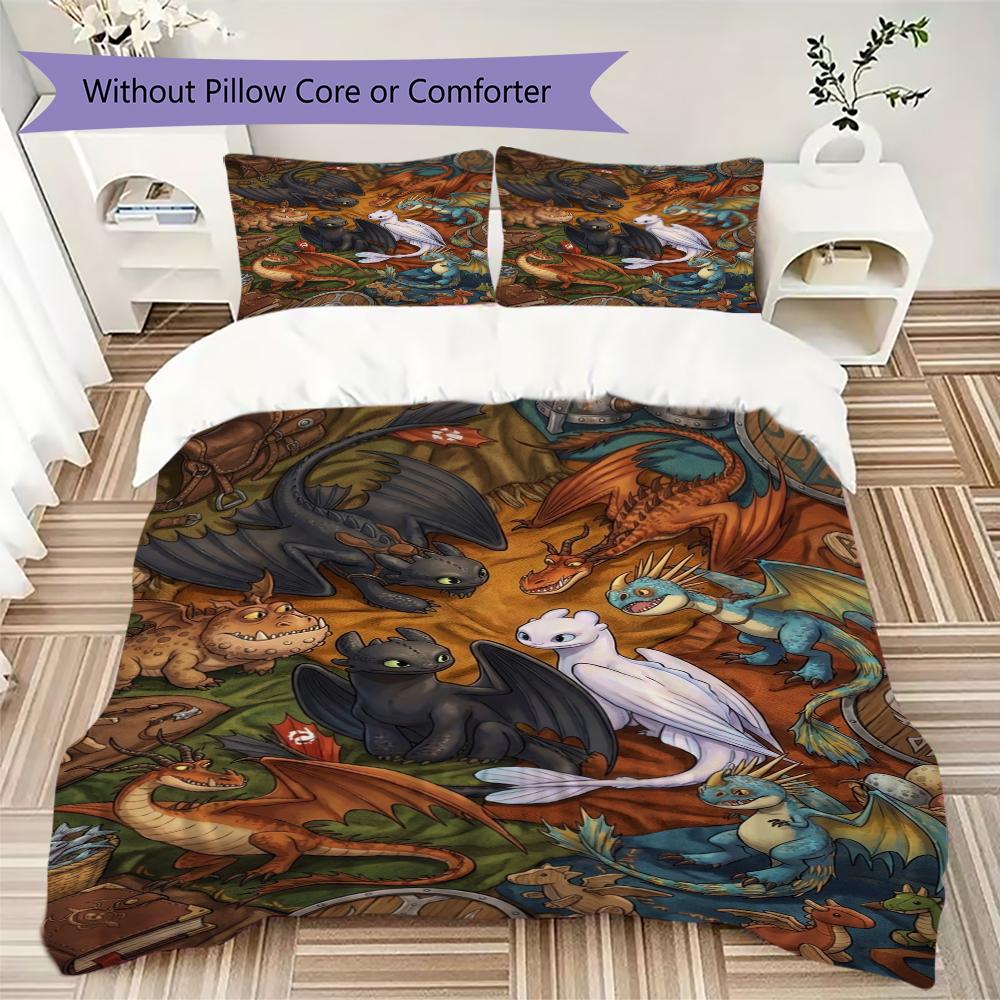 How to Train Your Dragon Pattern Bedding uilt Set uilt Cover Pillowcase Home Decoration Birthday Gift (1 * duvet cover + 2 * pillowcase without core)