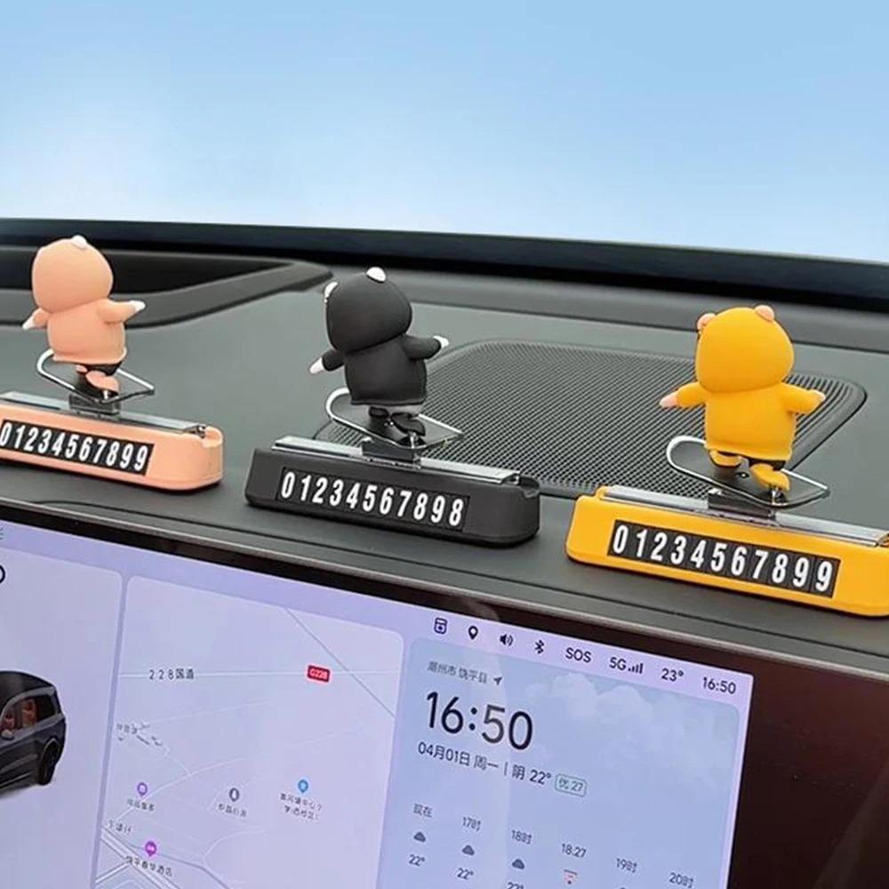 Car Sliding Bear Temporary Parking Number Plate Dashboard Phone Card Cute Skateboard Bear Decor
