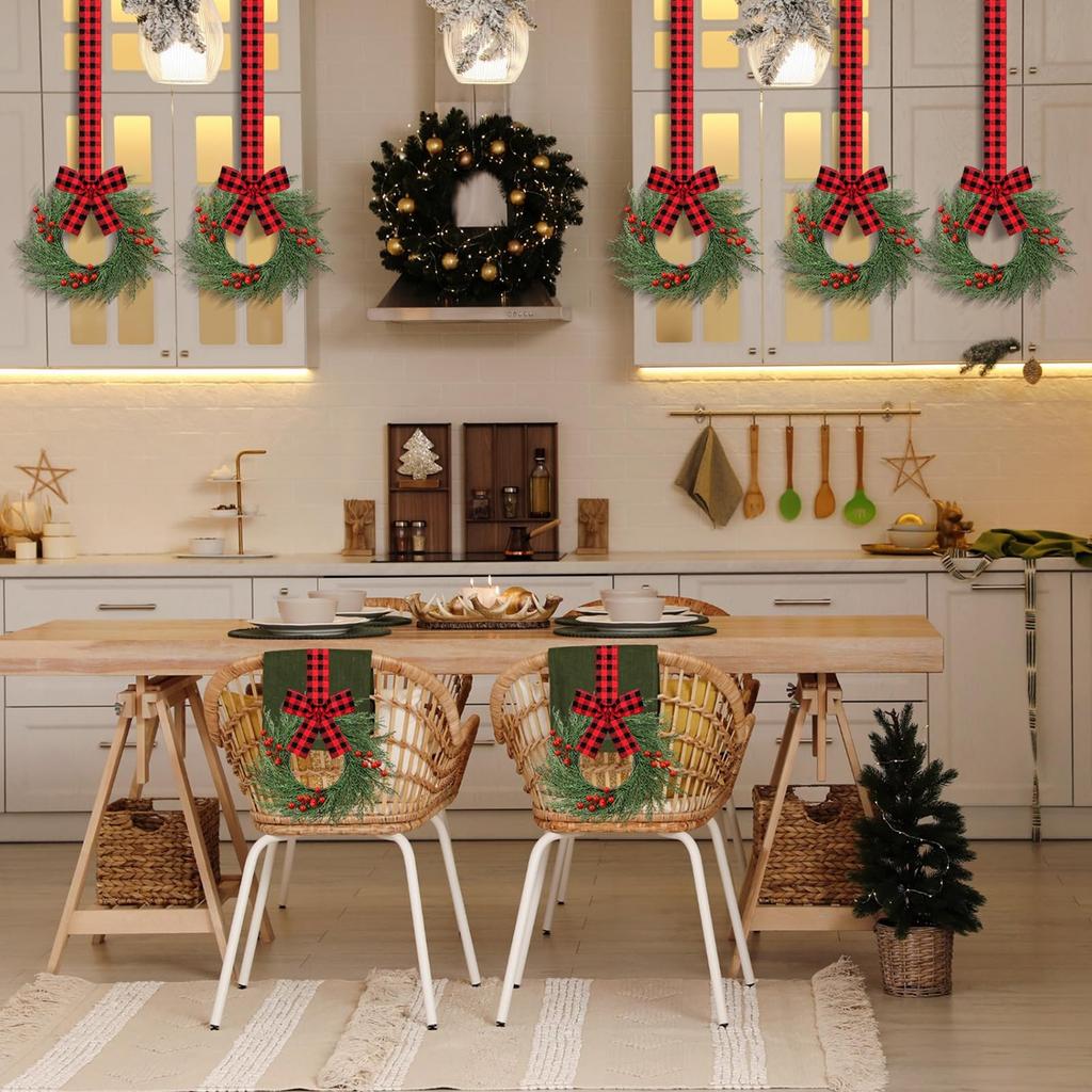 Рождественские венки для кухонного шкафа с клетчатой лентой-бантом, подвесные венки для дверей шкафа, декоративные венки для кухонного окна, наружного и внутреннего праздничного декора