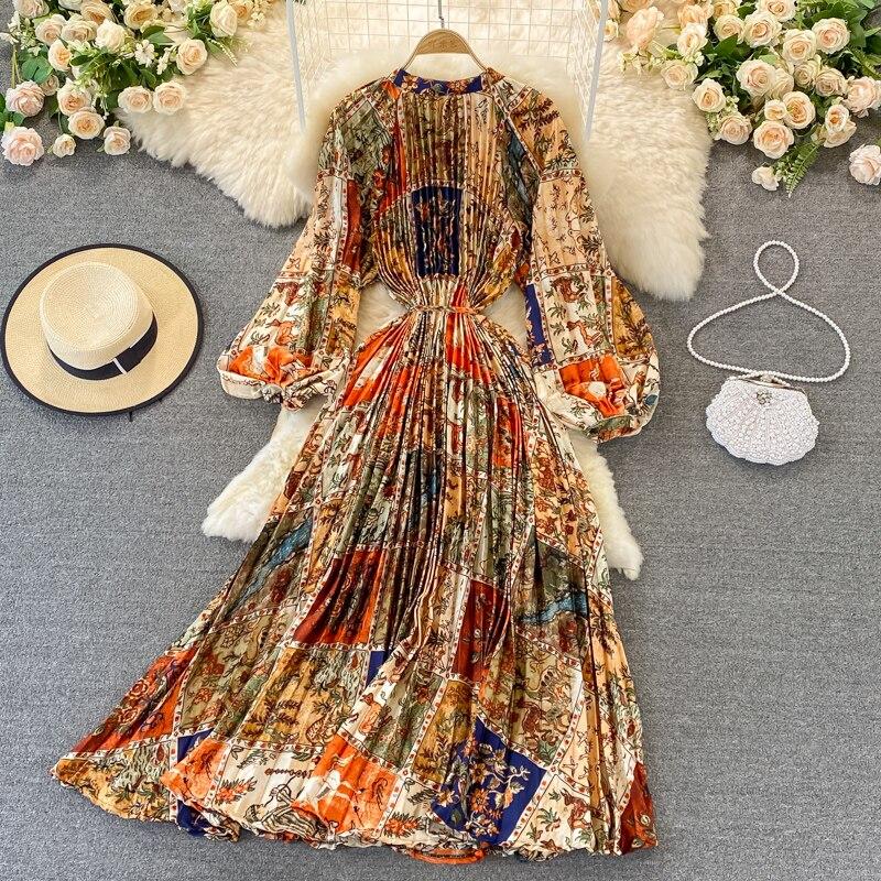 RUGOD 2024 весеннее свободное тонкое атласное однобортное плиссированное платье с круглым вырезом и длинными рукавами, элегантное легкое экстравагантное длинное платье