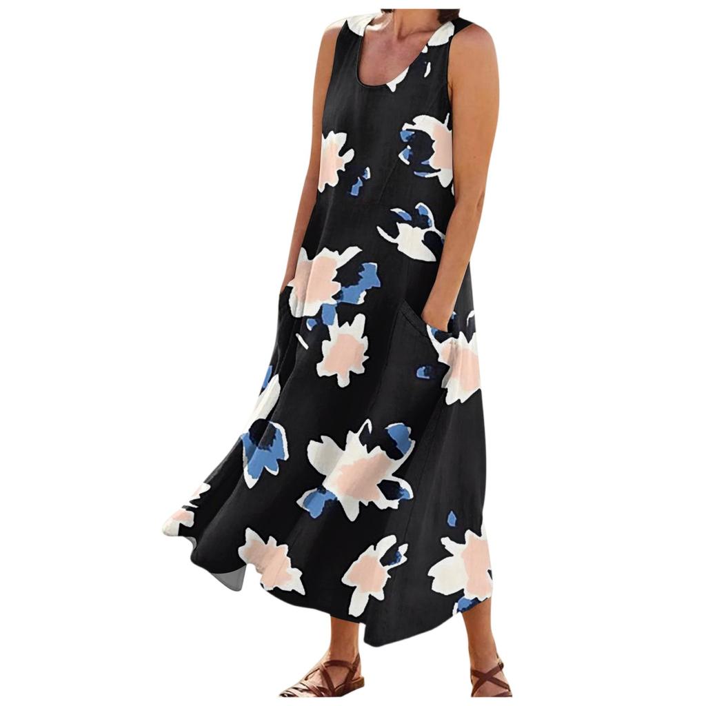 Женские модные летние повседневные платья без рукавов с цветочным принтом и маленькими карманами