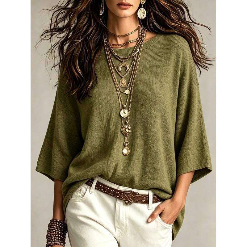 2026 Fall Womens Solid Knit Sweater Loose Oversized Sleeve Round Neck Casual Outerwear