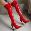 Модные женские сапоги выше колена, сексуальные туфли с острым носком, осень-зима, черные, красные, на каблуке, длинные сапоги, женская обувь для вечеринок, большой размер 45