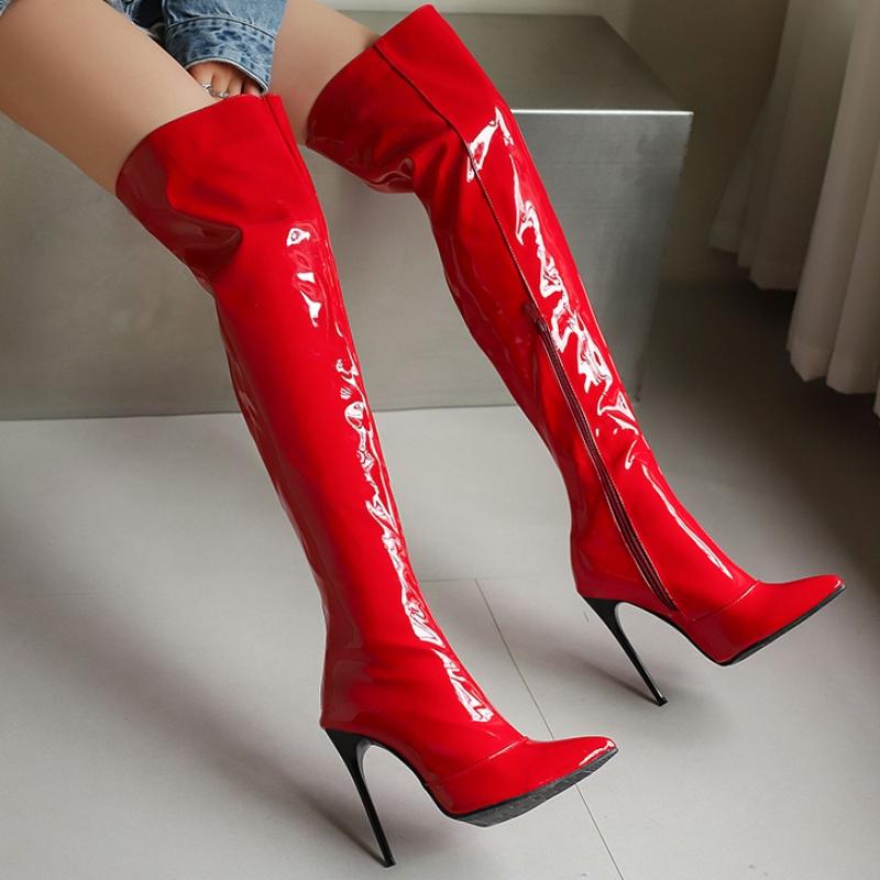 Модные женские сапоги выше колена, сексуальные туфли с острым носком, осень-зима, черные, красные, на каблуке, длинные сапоги, женская обувь для вечеринок, большой размер 45