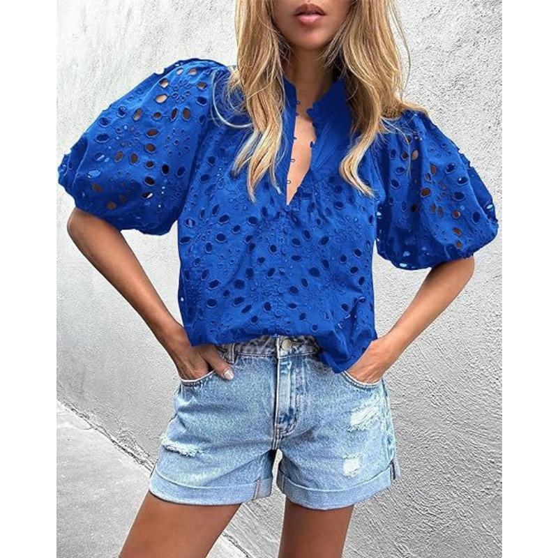 DAFIFY Women's Fashion Casual Summer Spring Solid Color Print 1/2 Sleeves V-Neck Blouses & Shirts