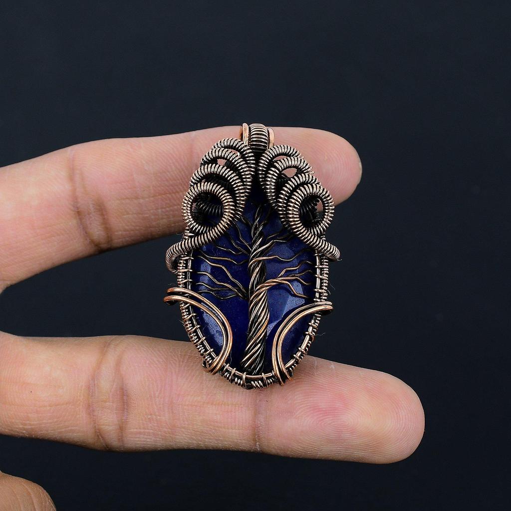 Blue Sapphire Pendant, Handmade Gemstone Pendant, 999 Copper Wire Wrapped Pendant Antique Jewelry, For Engagement Gift