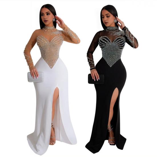 Женское платье с воротником до половины и длинными рукавами, длинное платье с разрезом по бокам, сетчатое платье макси со стразами и разрезом по бокам