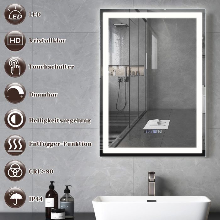 Miroir de salle de bain - NETTLIFE - 50x70 cm - LED dimmable 3000K-6500K - Désembuage & horloge - IP44 tactile
