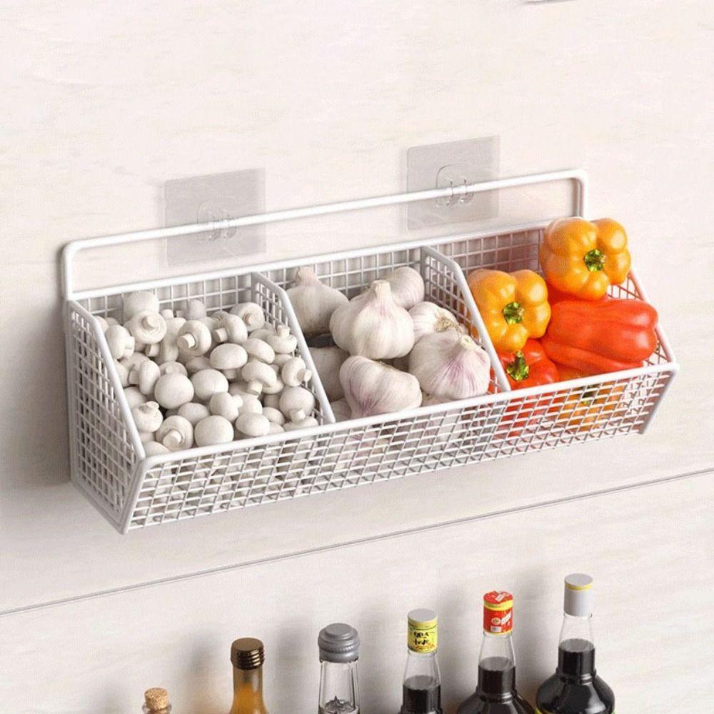 Wall Mounted Kitchen Storage Basket Carbon Steel Punch-Free Vegetable Fruit Storage Rack Grid Onion Ginger Garlic Shelf