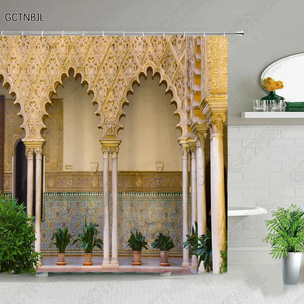 Марокканский Желтый Антикварный Арочный Двери Шторки для душа Старая Винтажная Деревянная Дверь Ванная Водонепроницаемая Ткань Занавески для ванны С Крючками