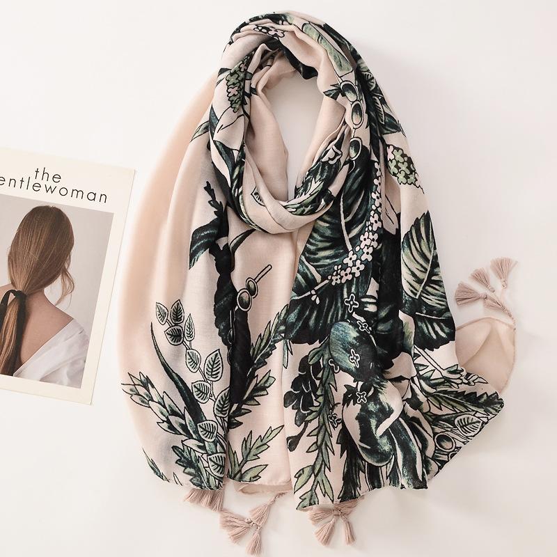 Beige Coffee Scarf Luxury Thin Womens Scarves Spring Floral Hijab Veils Soft Cotton Shawl Wrap Tassel Viscose Muslim Woman Hijab