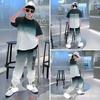Summer Teenager Boys Clothes Casual Outfit Kids Gradient Tracksuit Child T Shirt + Ankle Tie Pant