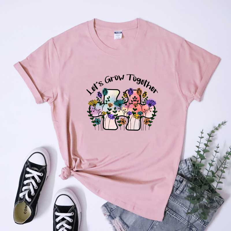 Lets Grow Together Floral Tshirt Boho Unisex Wildflower Positive Tshirt Vintage Autism Awareness Puzzle Piece Tee Shirt Top
