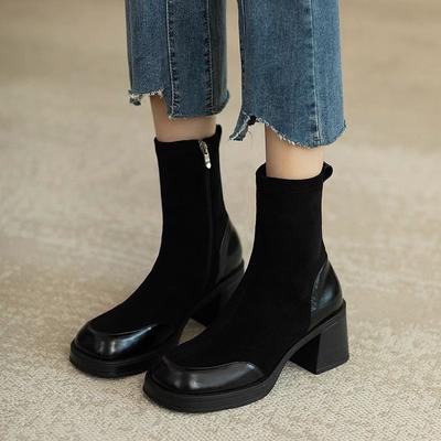 Черные французские ретро универсальные ботинки для женщин 2025 новые супер огонь эластичные тонкие ботинки квадратный каблук круглый носок модные ботинки для женщин