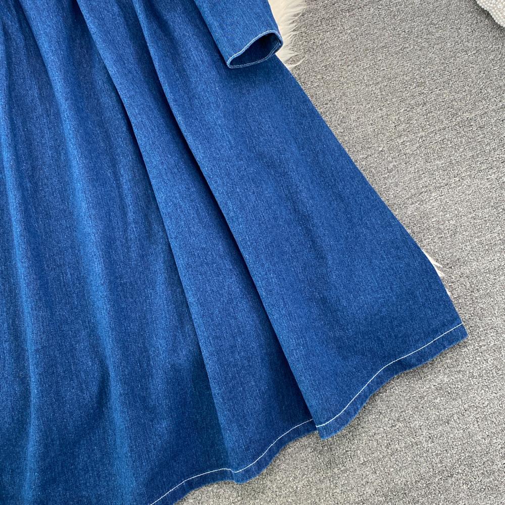 RUGOD Весеннее и осеннее джинсовое платье трапециевидной формы с воротником на талии и талией. Элегантное длинное платье.