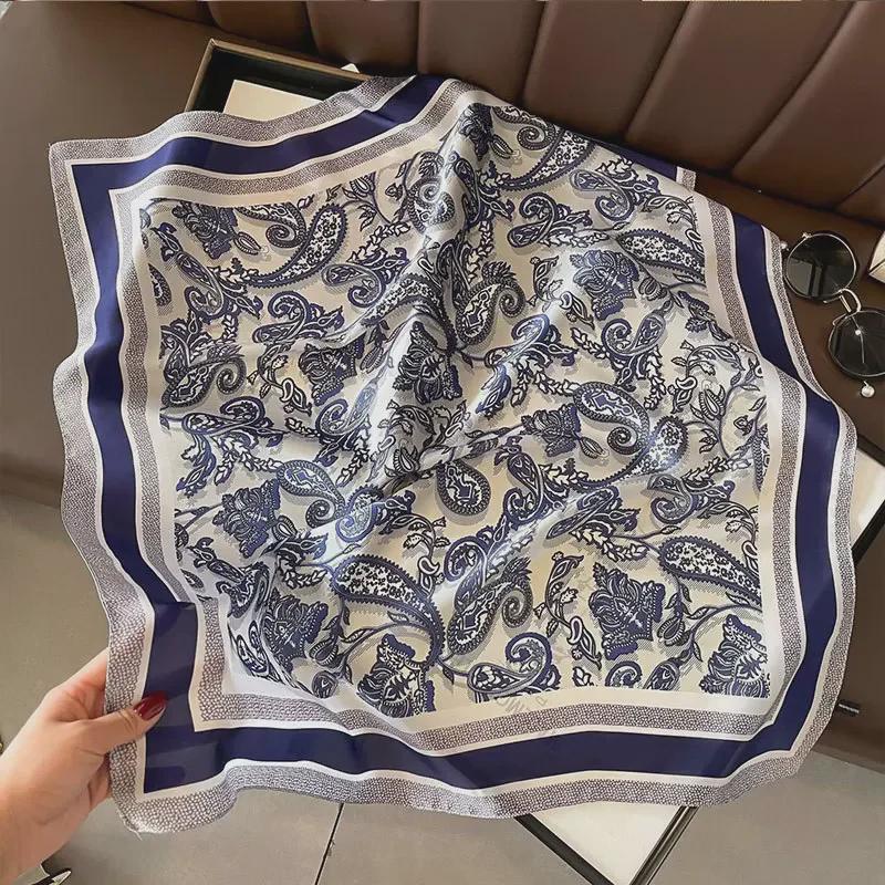 Blue and White Porcelain Print Satin Scarf - Fashionable Mom Style Accessory