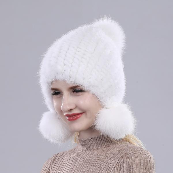 Women Winter Thick Real Mink Fur Hat with Fox Fur Pompoms Knitted Natural Fur Cap Lady Outdoor Warm 100% Real Mink Fur Hats