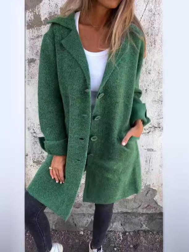 Women's Solid Color Turn-Down Collar Mid-Length Cardigan Coat with Pockets (Single-Breasted) - 2024 Autumn/Winter Collection
