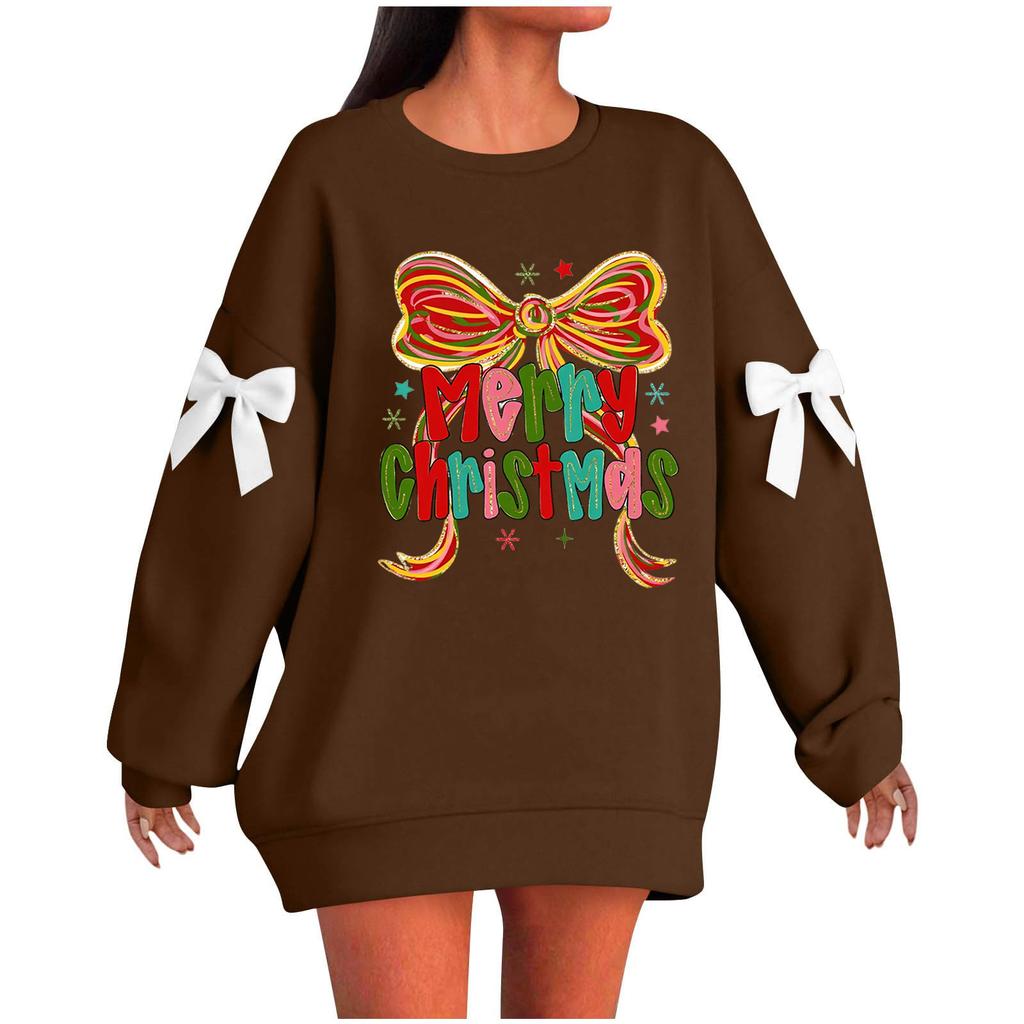 Ladies' Christmas Printed Bow Round Neck Long Sleeved Loose Pullover Sweater Sweatshirt Top