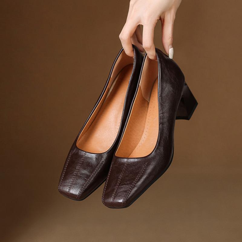 New Women's Fashion Single Shoes Square Head Cover Feet One Pedal Medium Heel Large Size Shoes Square Heel Casual Black Small Leather Shoes Women