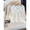 Женская одежда больших размеров для полных девушек, французская вязаная крючком рубашка с кружевом и вырезами, трикотаж с круглым вырезом, повседневная блузка с рукавом 3/4, одежда для защиты от солнца