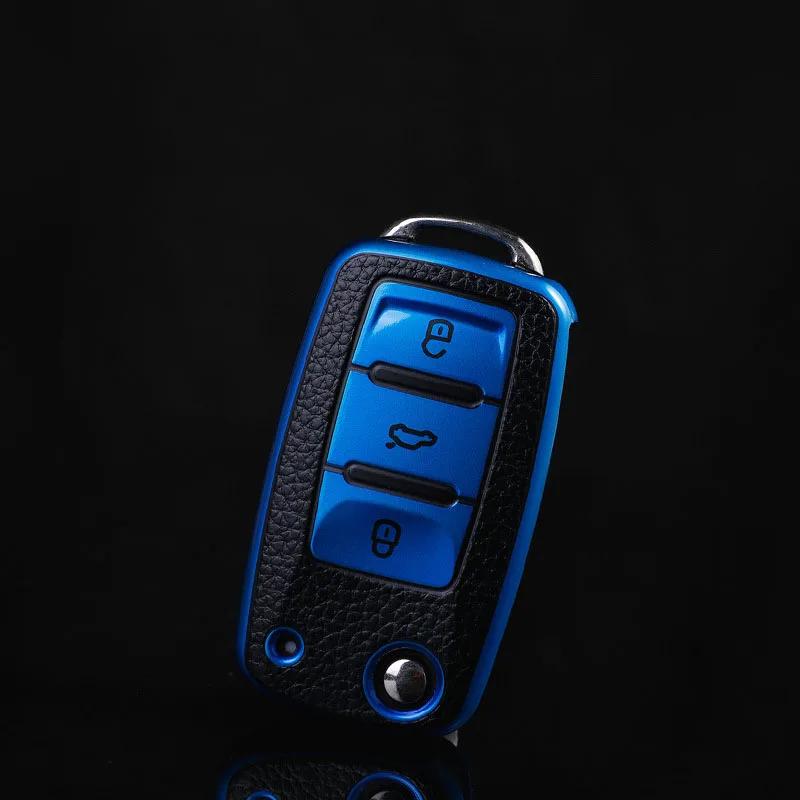 APRUB1 Leather Car Key Case Keys Full Cover Protection Shell Bag for VW Volkswagen Polo Tiguan Passat Golf Jetta Lavida Skoda Octavia