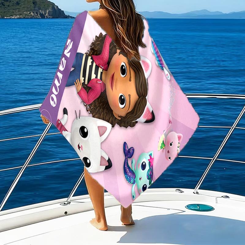 1PC Custom Name Beach Towel Kitty Dollhouse Adventure Beach Towel, Suitable for Camping, Travel, Beach Accessories, Super Absorbent, Family Gift