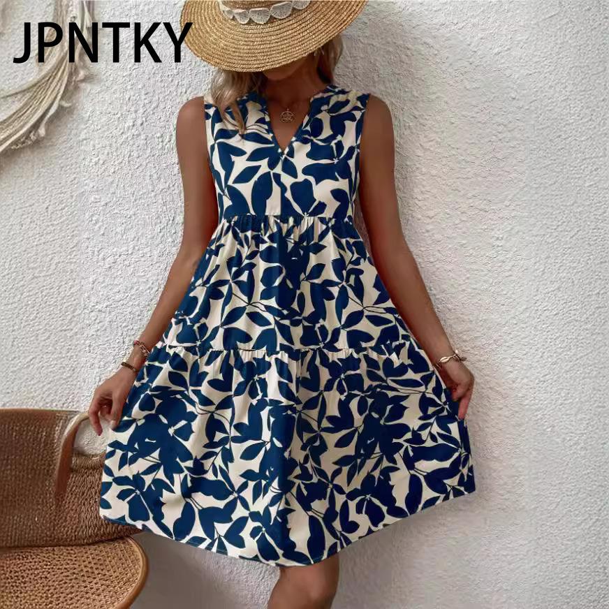 JPNTKY Women's Fashion Summer Spring Floral Print Sleeveless V-Neck Casual Dresses