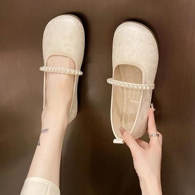 Модные Элегантные Женские Туфли Мэри Джейн с Жемчужным Ремнем, Круглый Носок, Уютные Замшевые Балетки, Женские Однотонные с Отделкой