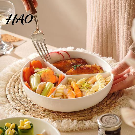 Elegant White Ceramic Dish Steamer Plate with 3 Divided Compartments, Round Heat Resistant Steaming for Food, Rice Meat Vegetable Separator