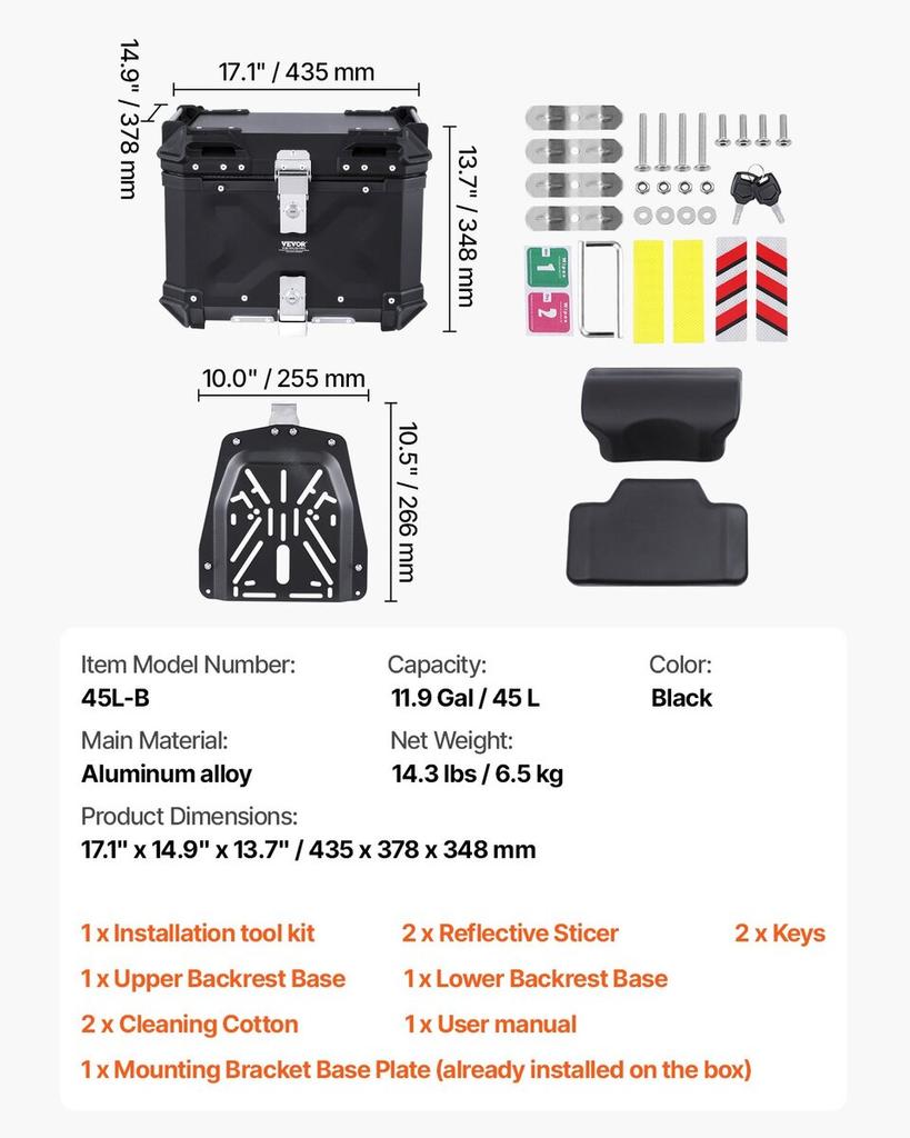 45L Motorcycle Top Case Universal Motorbike Tail Box with Leather Lining