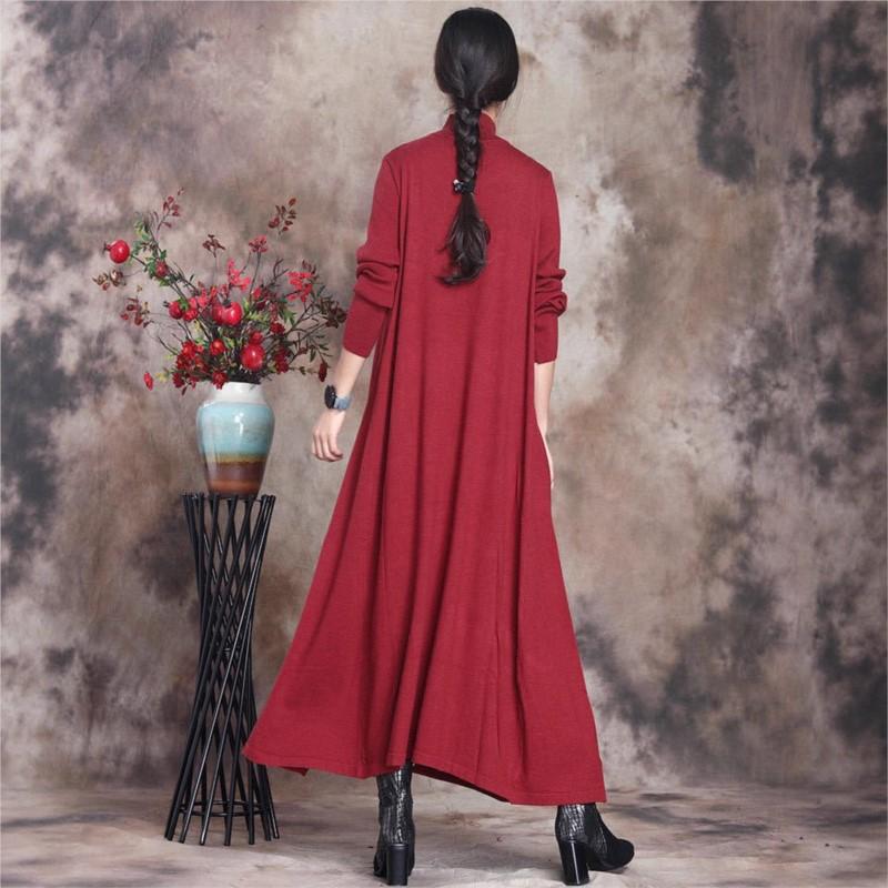 Johnature Women Vintage Knitted Dress Solid Color Half High Collar A-Line Autumn Soft Female Long Dresses