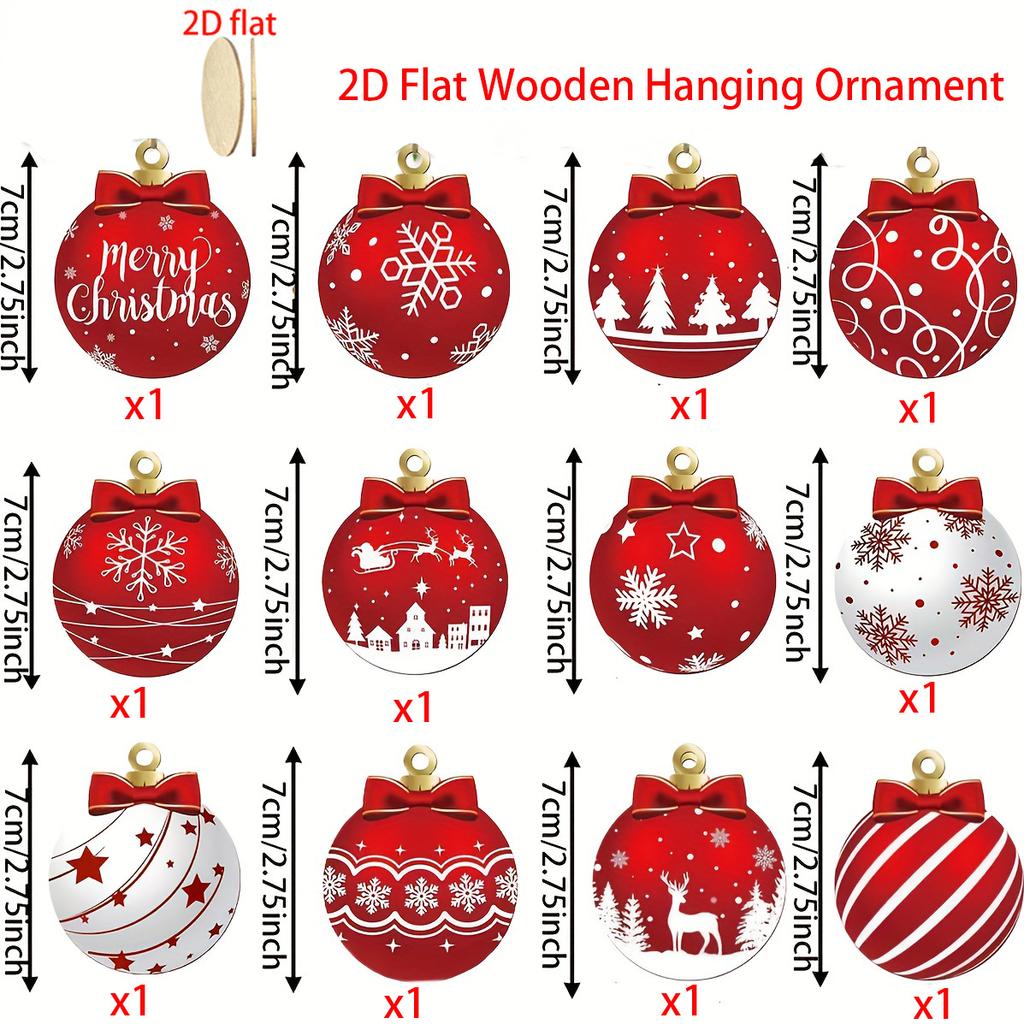 12PCS Wooden Christmas Ball Ornaments Red White Elk Snowflake Xmas Tree Decor Holiday Winter Party Hanging
