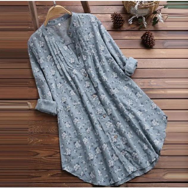 QICED Autumn Women's Shirt V-neck Pleated Floral Print Long-sleeved Casual Top Shirt