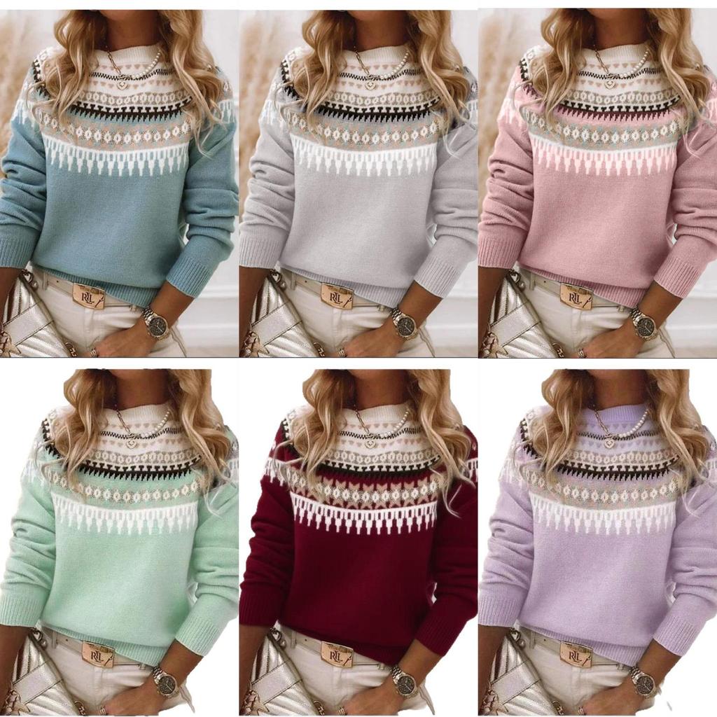 Winter Round Neck Color Blocked Loose Fashion Pullover Knitted Sweater Top For Women