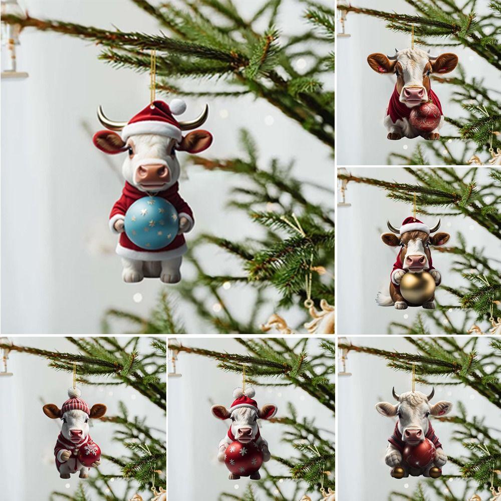 Flat Cow Christmas Tree Ornament Cartoon Car Rear View Mirror Pendant Christmas