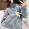 Faux Mink Fur Sweater for Women Thickened Winter and Autumn Outfits Turtleneck Striped Pullover Top Casual Knitted Sweater