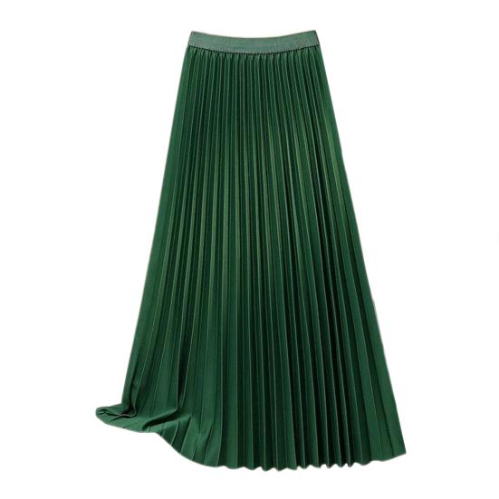 Women Maxi Skirt Elastic High Waist Pleated Skirt Solid Color Smooth Satin A-Line Skirt Work Leisure Wear