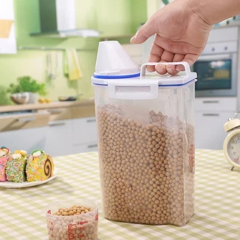 Transparent Plastic PP Kitchen Cereals Storage Box with Measuring Cup for Rice Flour and Pet Food Airtight and Moisture Proof