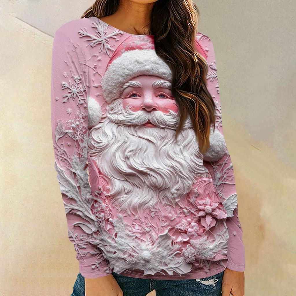 Women's Fashion Round Neck Pullover Plunging Sleeve Tee Christmas Printed Top