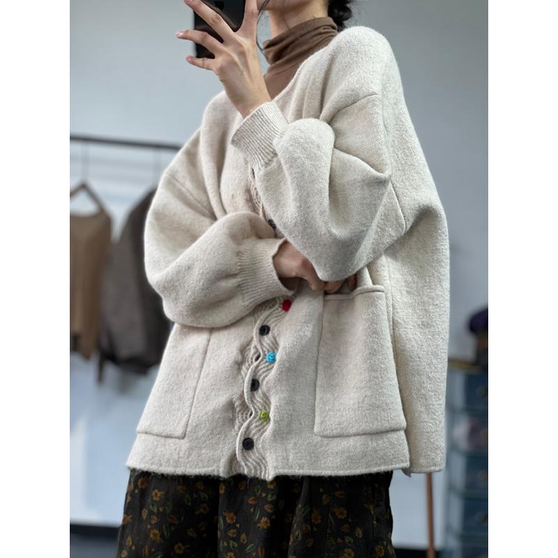 Зима плюс размер осень женский цветной блок свитер винтажное пальто с волнистыми краями куртка вязание оверсайз повседневный стиль свободный кардиган свитер