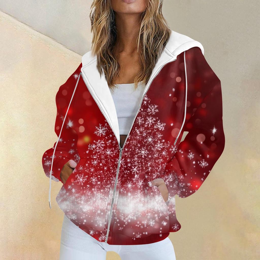 Женская повседневная рождественская печатная толстовка на осень и зиму с длинными рукавами и карманом на молнии с капюшоном