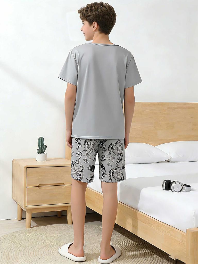 Teens Boys Clothing Sets Size 13-16 Years, Cartoon Print Grey Casual Crewneck Short Sleeve T-Shirt & Pants