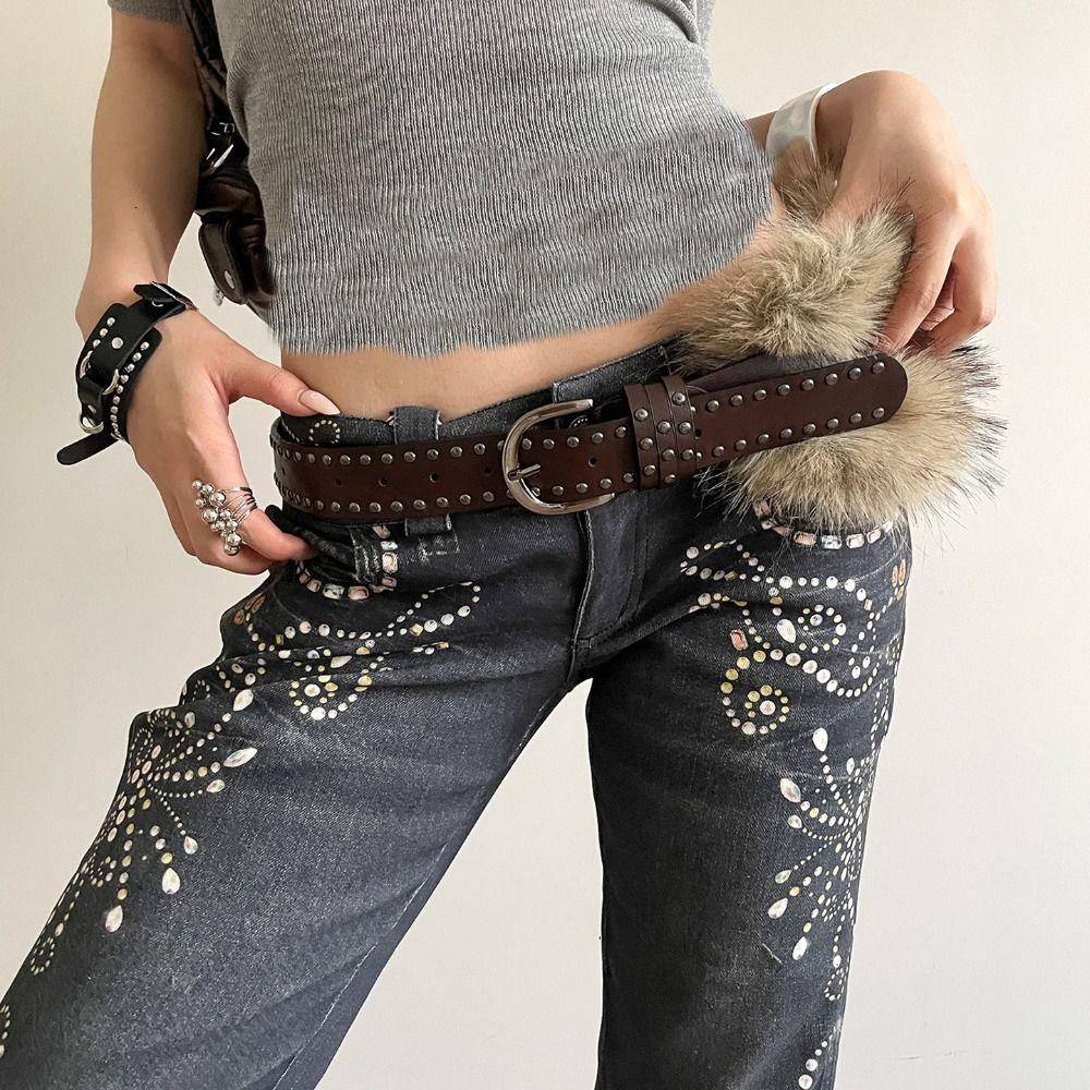 Western Style Y2K Waistband Rivet Plush Belt Simple Leather Fur Belt  Daily