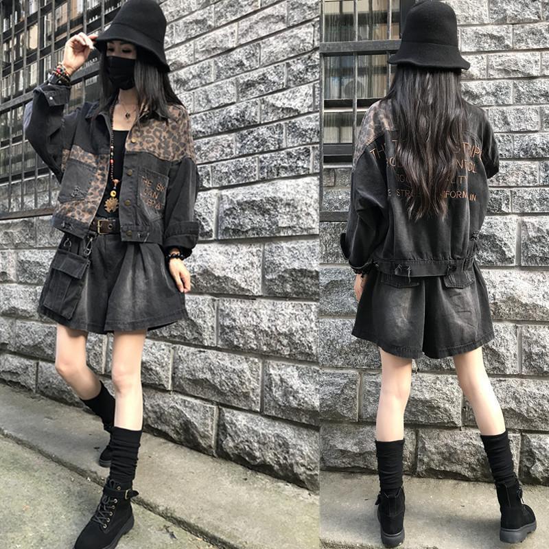 Women Leopard Pattern Distressed Hole Denim Jacket Korean Style Long-sleeved Plus Size Casual Outerwear
