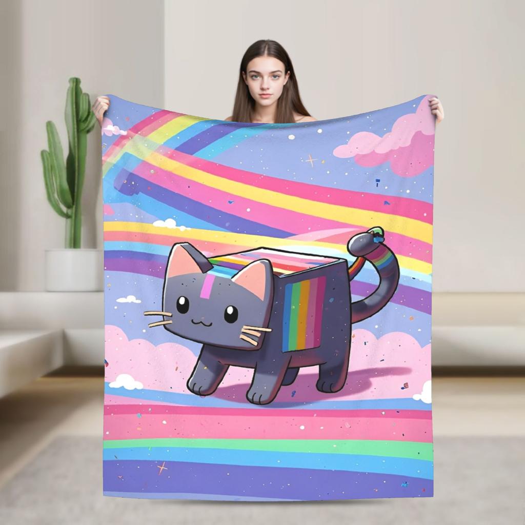 Cat Rainbow Pixel Space Nyans Blanket Flannel Textile Decor Multifunction Soft Throw Blankets for Bedding Couch Rug Piece